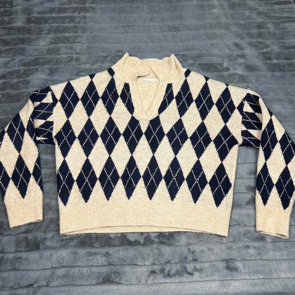 Kaily K Womens Argyle Knit Sweater Beige Navy Blue Notched V-Neck Pullover XL